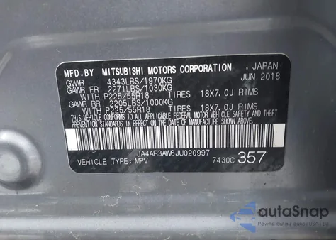 2018 Mitsubishi Outlander Sport 2.4 Se из США, поврежденный, VIN JA4AR3AW6JU020997